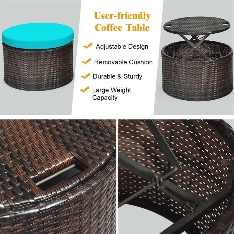 Round Patio Rattan Daybed with Retractable Canopy, Adjustable Coffee Table & Cushions, Outdoor Wicker Sectional Sofa for Poolside, Backyard