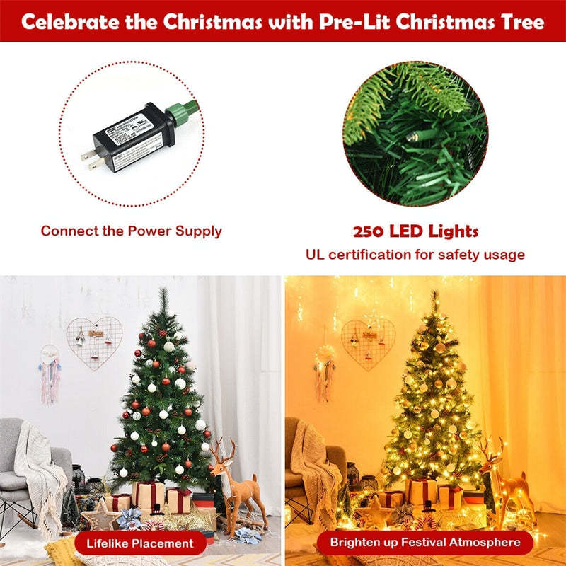 6FT Pre-lit Artificial Hinged Christmas Tree with 250 LED Lights Metal Stand