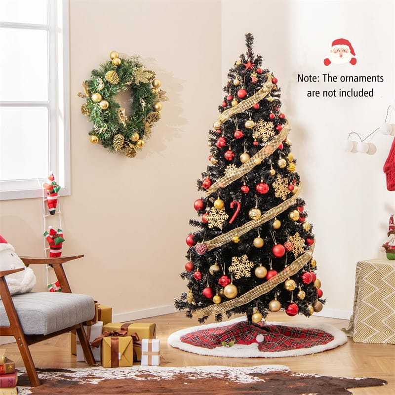 6FT/7FT Artificial Christmas Tree Pre-Lit Black Halloween Tree with Adjustable Treetop, Warm White LED Lights, PVC Branch Tips, Metal Stand