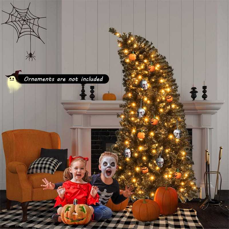 6FT/7FT Artificial Christmas Tree Pre-Lit Black Halloween Tree with Adjustable Treetop, Warm White LED Lights, PVC Branch Tips, Metal Stand