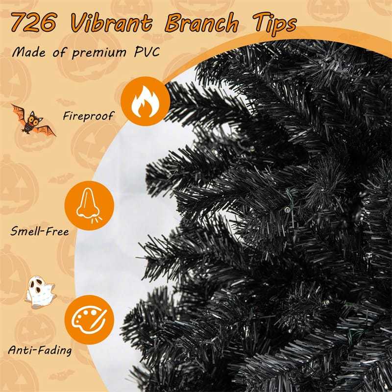 6FT/7FT Artificial Christmas Tree Pre-Lit Black Halloween Tree with Adjustable Treetop, Warm White LED Lights, PVC Branch Tips, Metal Stand