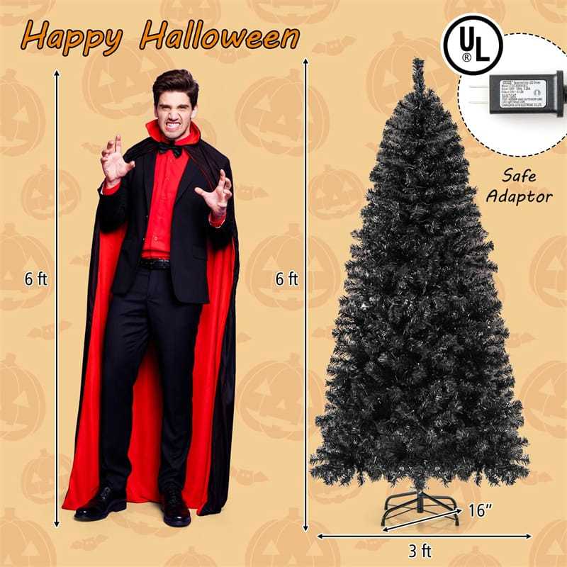 6FT/7FT Artificial Christmas Tree Pre-Lit Black Halloween Tree with Adjustable Treetop, Warm White LED Lights, PVC Branch Tips, Metal Stand