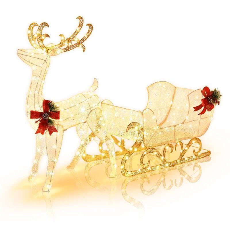 6FT Christmas Lighted Reindeer & Santa's Sleigh with 215 LED Lights, 4 Ground Stakes, Xmas Lighted Outdoor Yard Decoration
