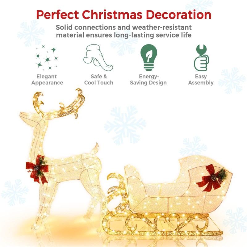 6FT Christmas Lighted Reindeer & Santa's Sleigh with 215 LED Lights, 4 Ground Stakes, Xmas Lighted Outdoor Yard Decoration