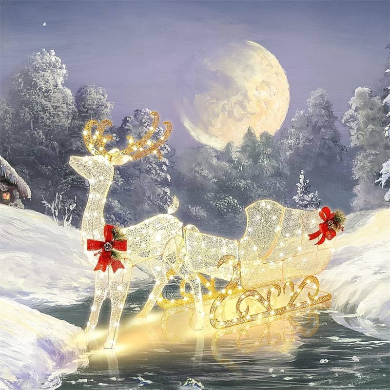 6FT Christmas Lighted Reindeer & Santa's Sleigh with 215 LED Lights, 4 Ground Stakes, Xmas Lighted Outdoor Yard Decoration