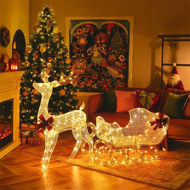 6FT Christmas Lighted Reindeer & Santa's Sleigh with 215 LED Lights, 4 Ground Stakes, Xmas Lighted Outdoor Yard Decoration