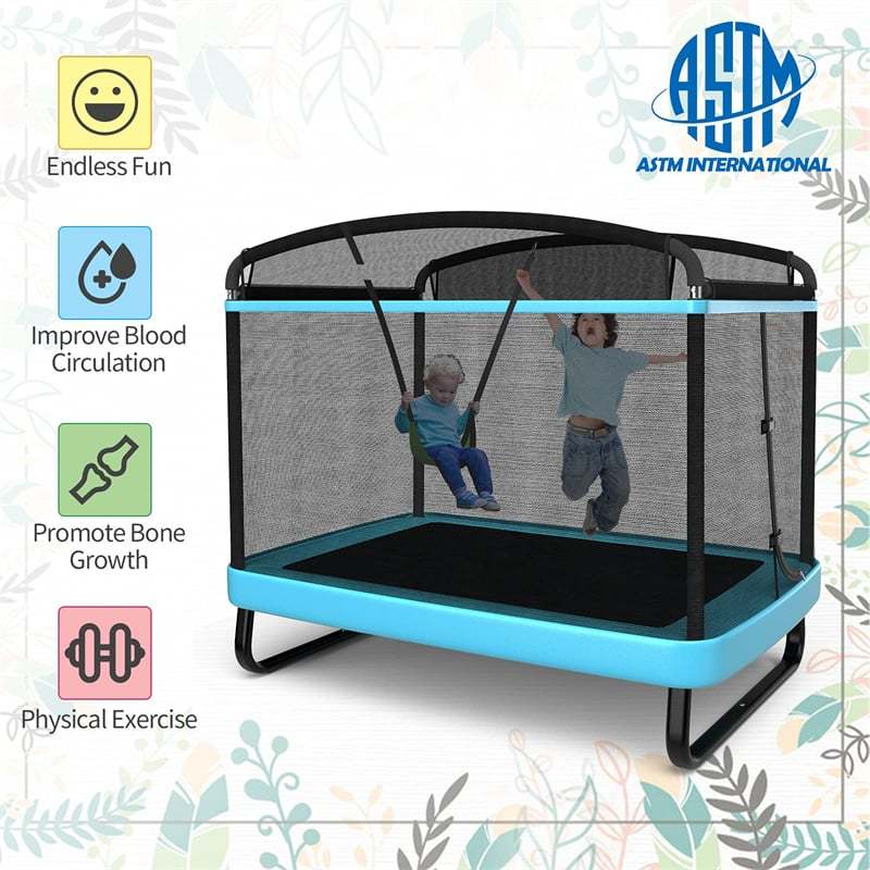 6FT Kids Trampoline with Swing & Safety Enclosure Net, ASTM Approved Indoor Outdoor Rectangle Trampoline for Boys & Girls, 220lbs Capacity