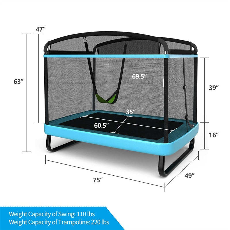 6FT Kids Trampoline with Swing & Safety Enclosure Net, ASTM Approved Indoor Outdoor Rectangle Trampoline for Boys & Girls, 220lbs Capacity