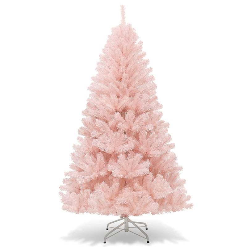 6FT Pink Artificial Christmas Tree Unlit Hinged Spruce Xmas Full Tree with Foldable Metal Stand, 617 Branch Tips for Outdoor Indoor Holiday Decor