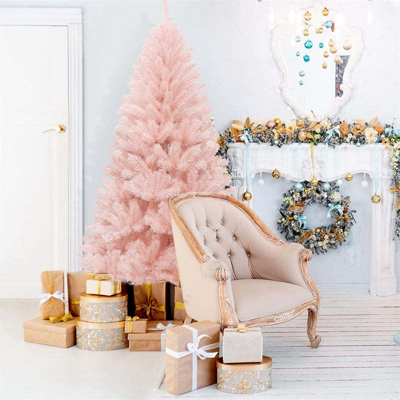 6FT Pink Artificial Christmas Tree Unlit Hinged Spruce Xmas Full Tree with Foldable Metal Stand, 617 Branch Tips for Outdoor Indoor Holiday Decor
