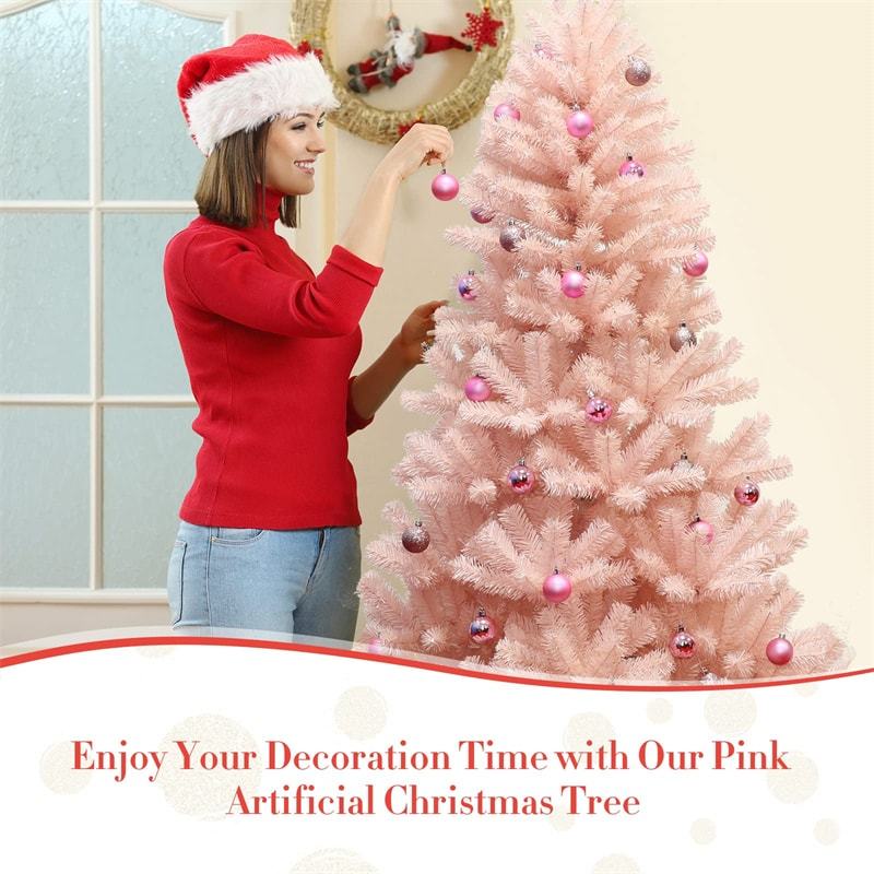 6FT Pink Artificial Christmas Tree Unlit Hinged Spruce Xmas Full Tree with Foldable Metal Stand, 617 Branch Tips for Outdoor Indoor Holiday Decor