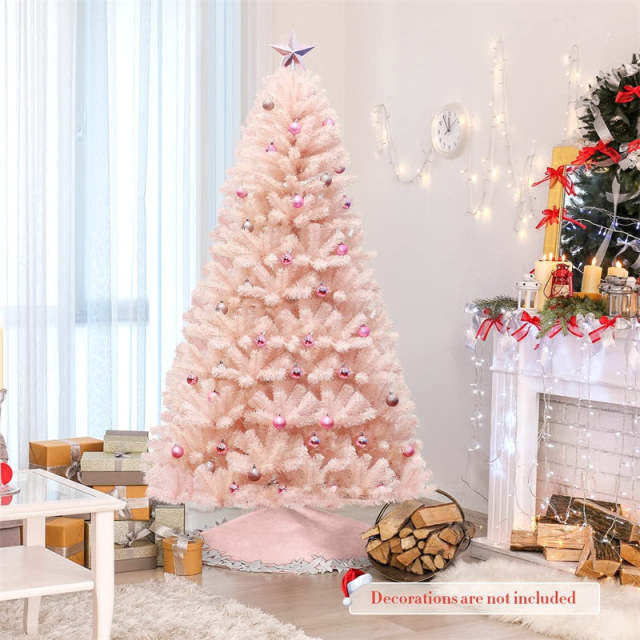 6FT Pink Artificial Christmas Tree Unlit Hinged Spruce Xmas Full Tree with Foldable Metal Stand, 617 Branch Tips for Outdoor Indoor Holiday Decor