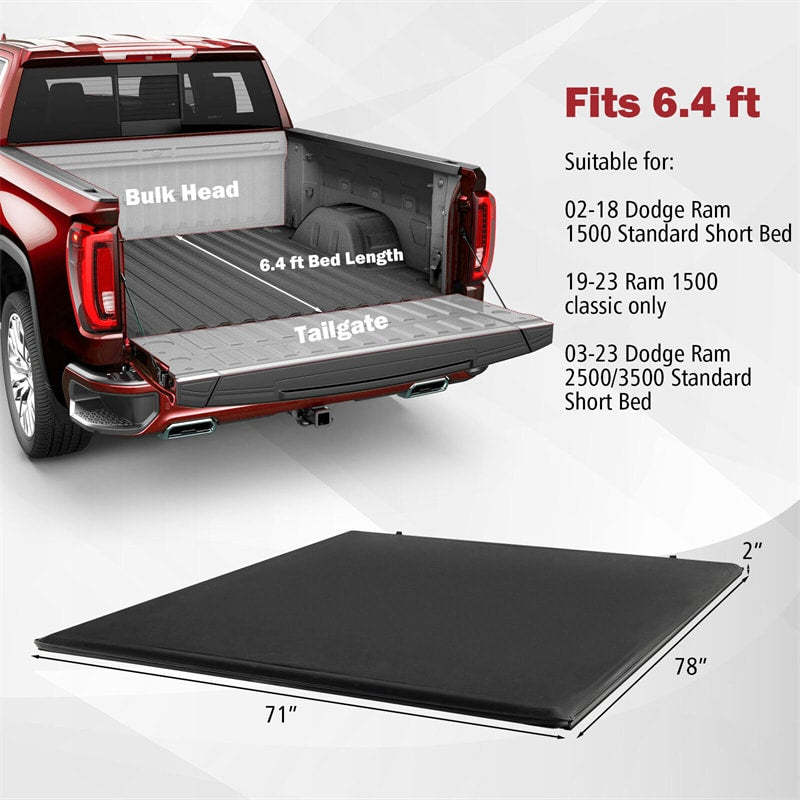 6.4FT Soft Roll-up Tonneau Cover, Weatherproof Truck Bed Cover for 02-18 Dodge Ram 1500, 19-23 Ram 1500 Classic Only, 03-23 Dodge Ram 2500/3500