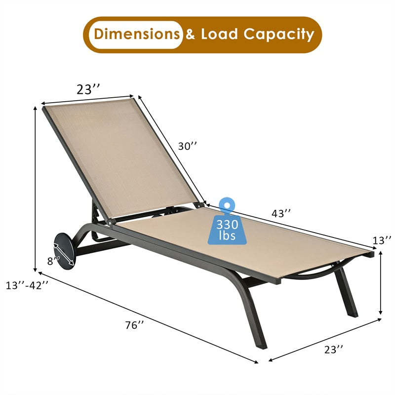 Outdoor Aluminum Chaise Lounge with 2 Large Wheels & 6-Position Adjustable Backrest, Patio Reclining Lounge Chair for Poolside, Backyard