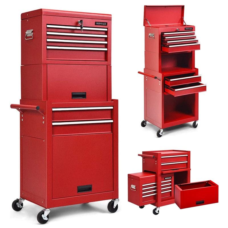 6-Drawer Rolling Tool Chest, 3-in-1 Tool Storage Cabinet with Auto-Lock System, Lockable Wheels & Detachable Top Box for Garage/Workshop