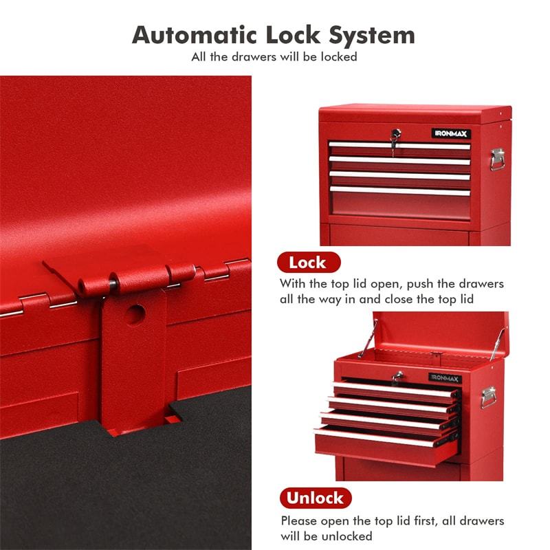 6-Drawer Rolling Tool Chest, 3-in-1 Tool Storage Cabinet with Auto-Lock System, Lockable Wheels & Detachable Top Box for Garage/Workshop