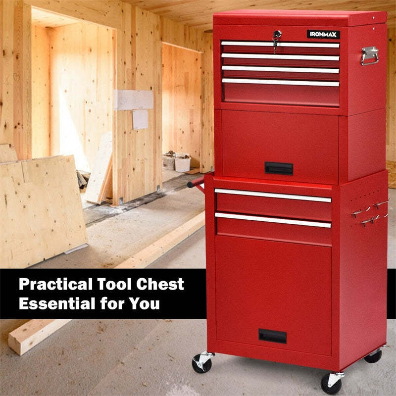 6-Drawer Rolling Tool Chest, 3-in-1 Tool Storage Cabinet with Auto-Lock System, Lockable Wheels & Detachable Top Box for Garage/Workshop