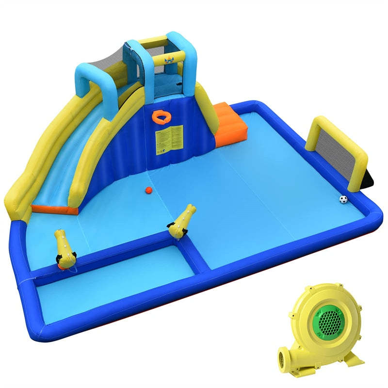 Inflatable Water Slide 6-in-1 Kids Giant Waterslide Park with Dual Water Cannons, Soccer Goal, Splash Pool, Climbing Wall & 735W Air Blower