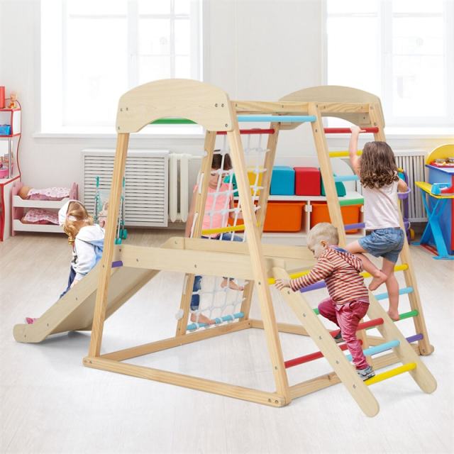 6-in-1 Indoor Jungle Gym Large Wooden Playground Climber Playset Montessori Climbing Toys with Slide, Ladders & Wating Area for Toddlers Kids
