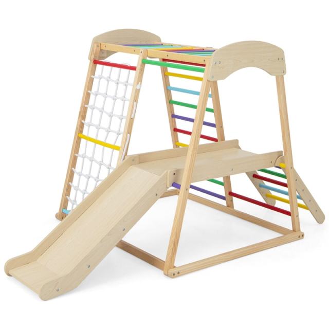 6-in-1 Indoor Jungle Gym Large Wooden Playground Climber Playset Montessori Climbing Toys with Slide, Ladders & Wating Area for Toddlers Kids