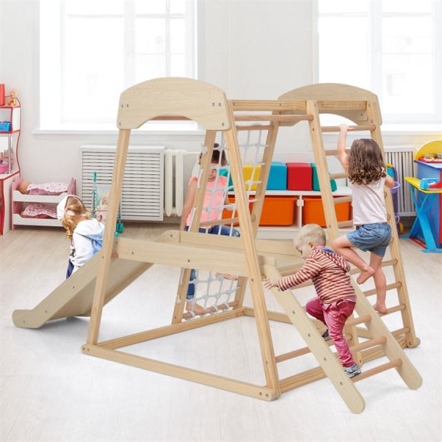 6-in-1 Indoor Jungle Gym Large Wooden Playground Climber Playset Montessori Climbing Toys with Slide, Ladders & Wating Area for Toddlers Kids
