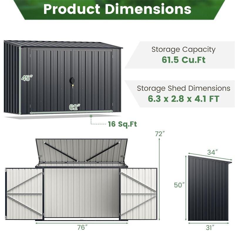 6.3x2.8FT Metal Outdoor Storage Shed with Lockable Door & Snap-On Assembly, Rustproof Steel Utility Cabinet for Bike Trash Cans, Backyard/Garden/Patio