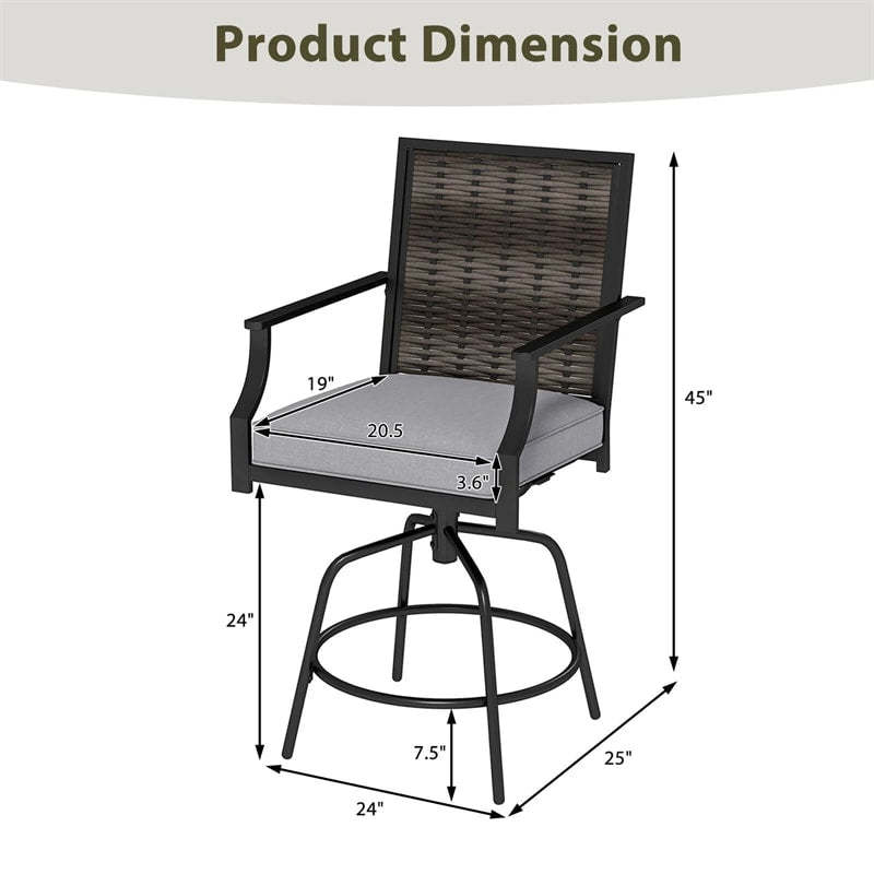 Outdoor PE Wicker Swivel Bar Stools Set of 2, Metal Counter Height Patio Chairs with Back & Cushions for Patio, Backyard & Poolside