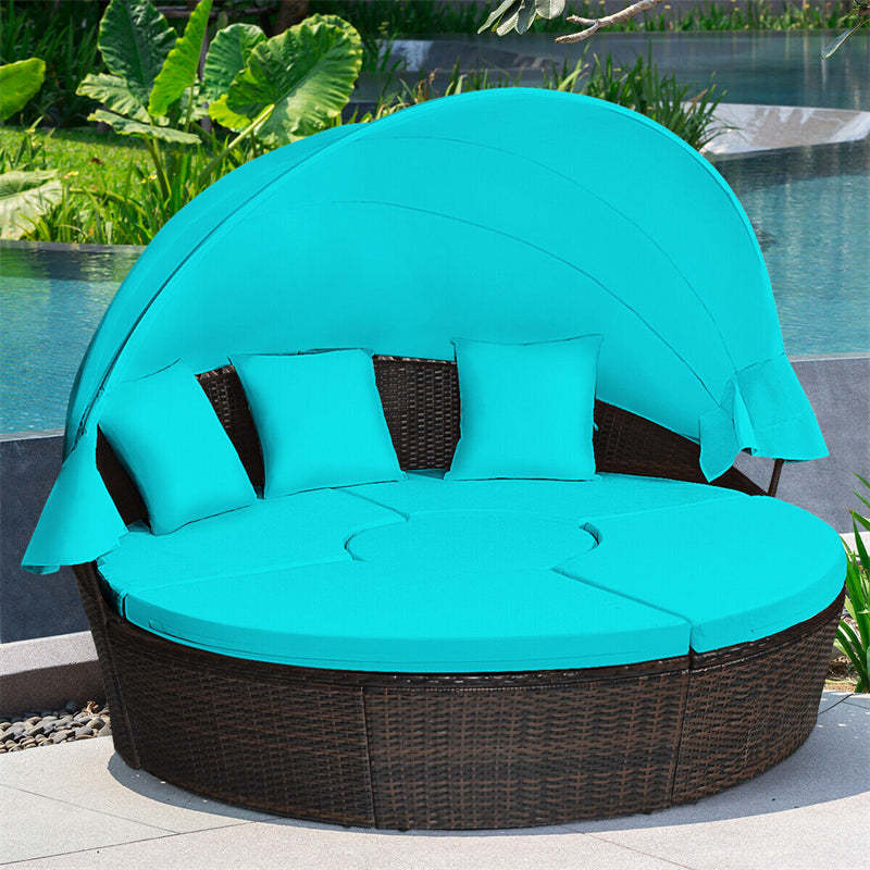 Round Patio Rattan Daybed with Retractable Canopy, Adjustable Coffee Table & Cushions, Outdoor Wicker Sectional Sofa for Poolside, Backyard