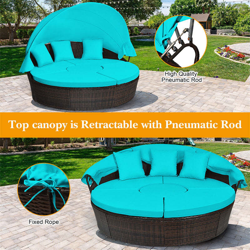Round Patio Rattan Daybed with Retractable Canopy, Adjustable Coffee Table & Cushions, Outdoor Wicker Sectional Sofa for Poolside, Backyard