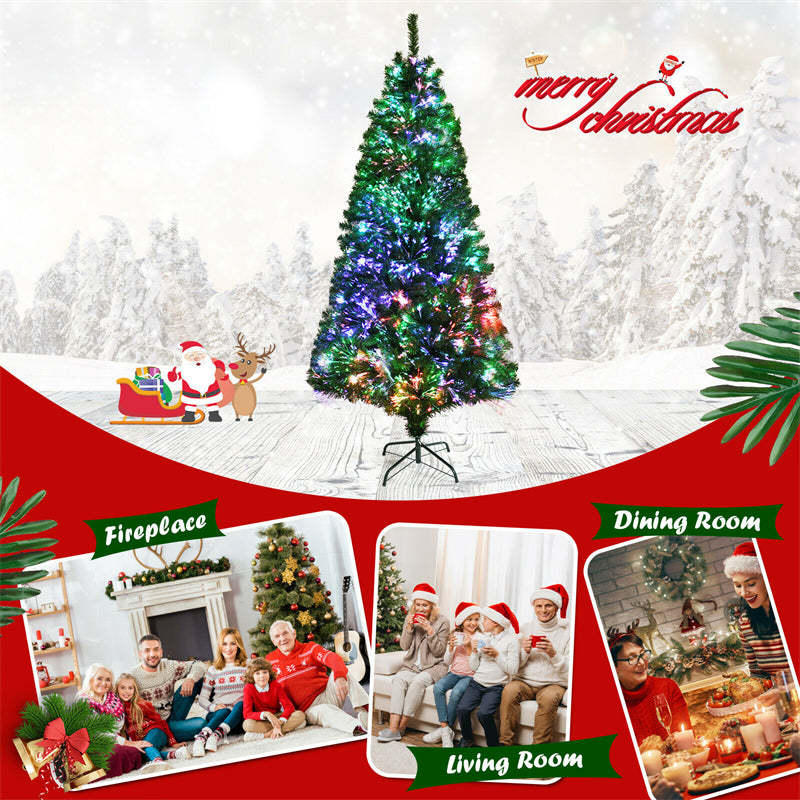 6FT Fiber Optic Christmas Tree, Pre-Lit Premium Spruce Tree with 617 Branch Tips & Metal Stand, Artificial Xmas Full Tree for Indoor Holiday Decor