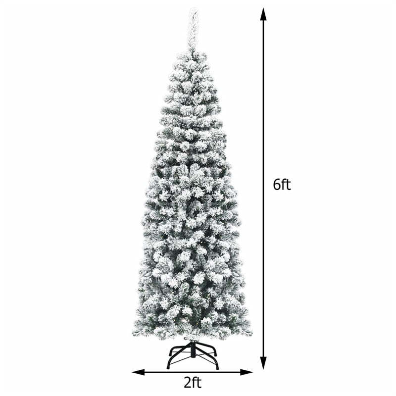 6ft Pre-lit Snow Flocked Pencil Artificial Christmas Tree with 250 LED Lights & Metal Stand