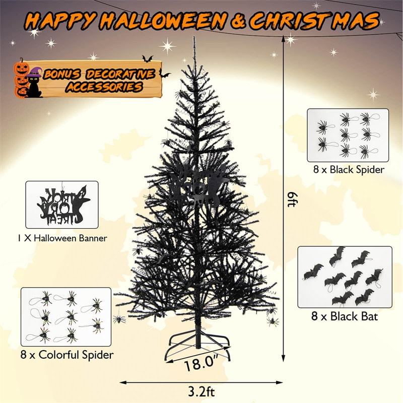 6ft Pre-lit Halloween Tree Hinged Artificial Black Christmas Tree with 250 Purple LED Lights & 25 Ornaments
