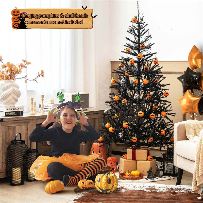 6ft Pre-lit Halloween Tree Hinged Artificial Black Christmas Tree with 250 Purple LED Lights & 25 Ornaments