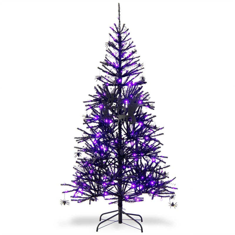 6ft Pre-lit Halloween Tree Hinged Artificial Black Christmas Tree with 250 Purple LED Lights & 25 Ornaments