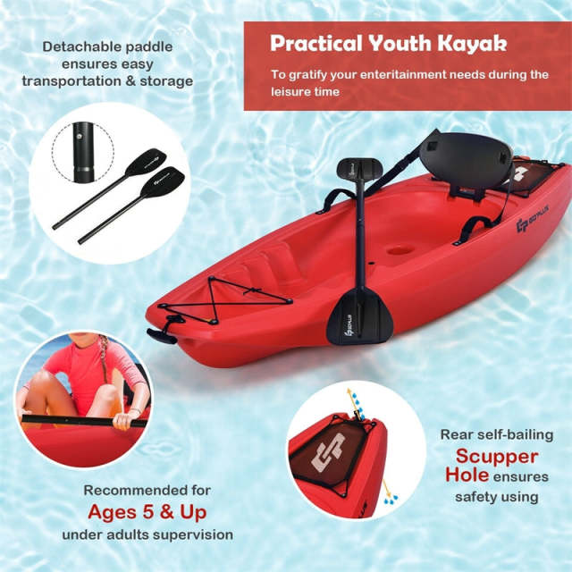6ft Sit-On-Top Youth Kayak, Kids Kayak Recreational Rowing Fishing Boat with Paddle and Folding Backrest