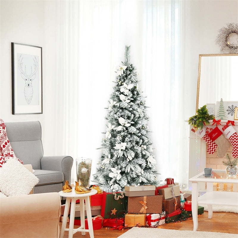 6ft Snow Flocked Pencil Christmas Tree Slim Hinged Xmas Tree with 471 PVC/PE Branch Tips, 300 Berries, Poinsettia Flowers & Folding Metal Stand