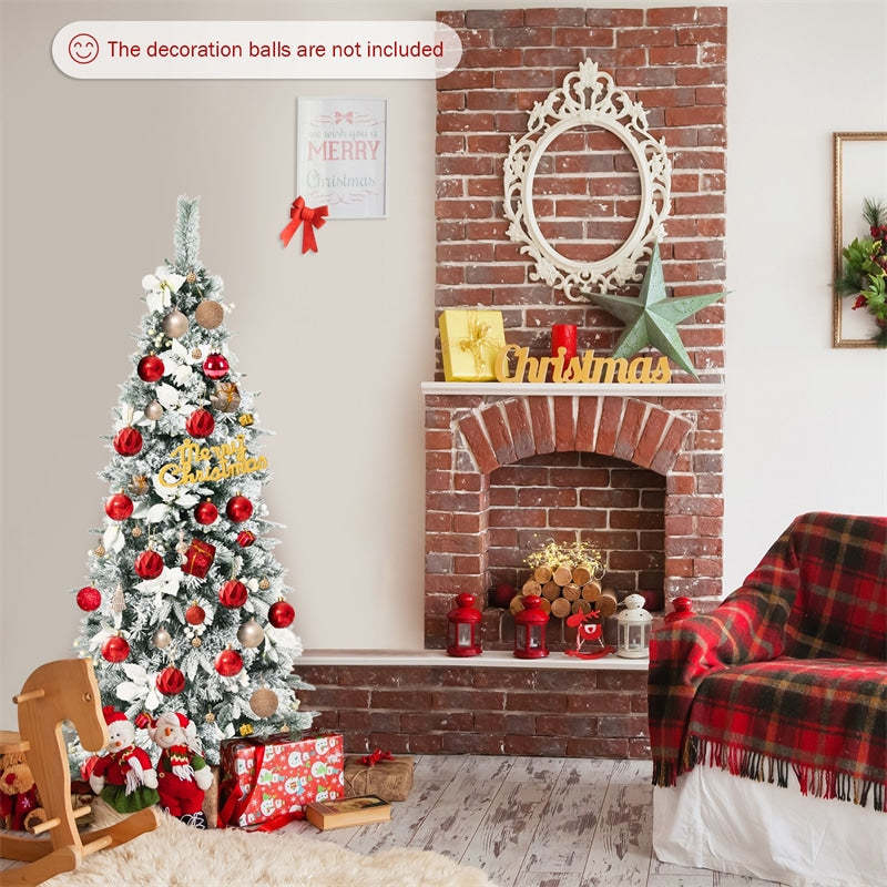6ft Snow Flocked Pencil Christmas Tree Slim Hinged Xmas Tree with 471 PVC/PE Branch Tips, 300 Berries, Poinsettia Flowers & Folding Metal Stand