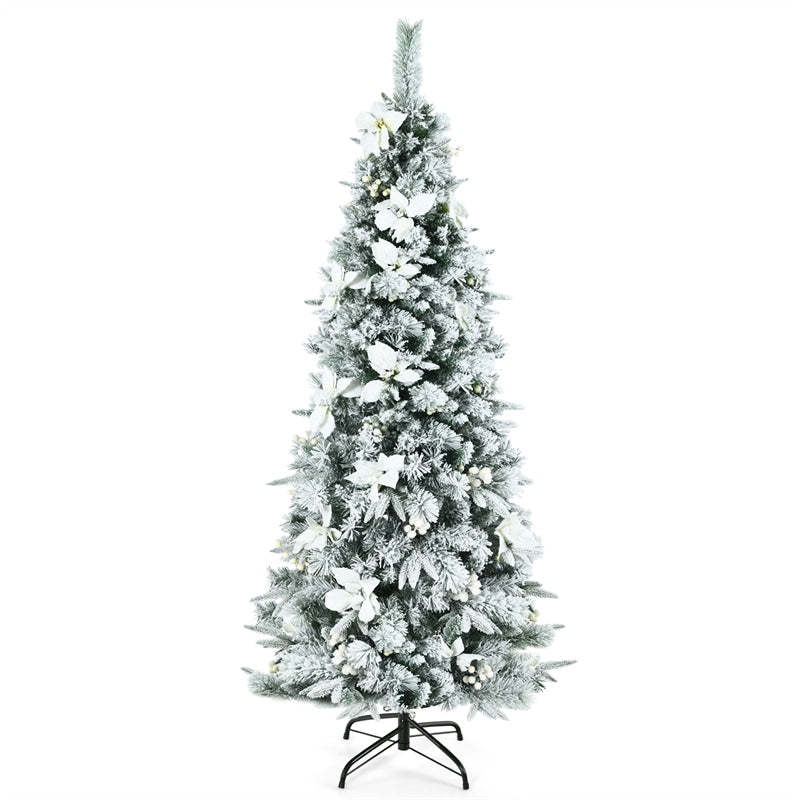 6ft Snow Flocked Pencil Christmas Tree Slim Hinged Xmas Tree with 471 PVC/PE Branch Tips, 300 Berries, Poinsettia Flowers & Folding Metal Stand