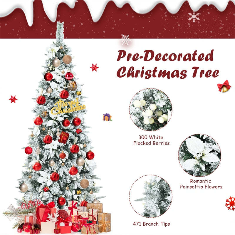 6ft Snow Flocked Pencil Christmas Tree Slim Hinged Xmas Tree with 471 PVC/PE Branch Tips, 300 Berries, Poinsettia Flowers & Folding Metal Stand