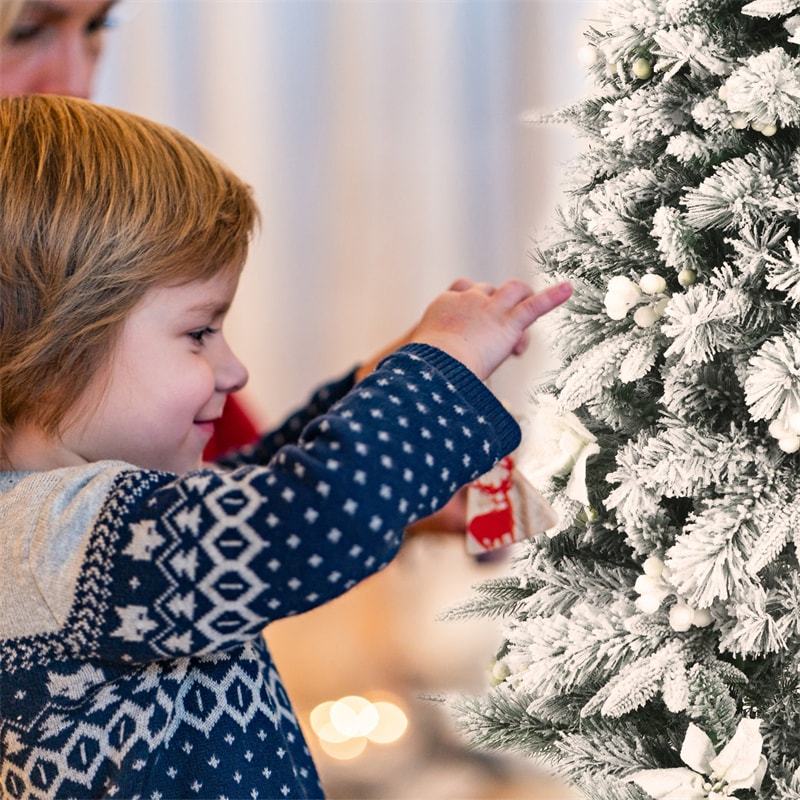 6ft Snow Flocked Pencil Christmas Tree Slim Hinged Xmas Tree with 471 PVC/PE Branch Tips, 300 Berries, Poinsettia Flowers & Folding Metal Stand