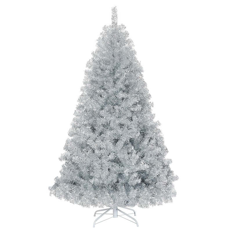 6FT Silver Artificial Christmas Tree Unlit Hinged Full Tree with Metal Stand, Electroplated Technology for Indoor Outdoor Holiday Decor