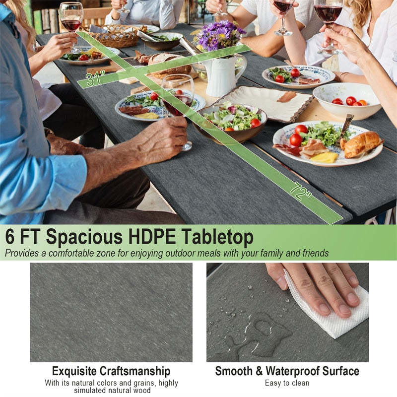 6FT Outdoor Picnic Table Bench Set for 6-8 Person, All-Weather HDPE Heavy-Duty Picnic Table with 2 Benches & Umbrella Hole, 2550LBS Capacity