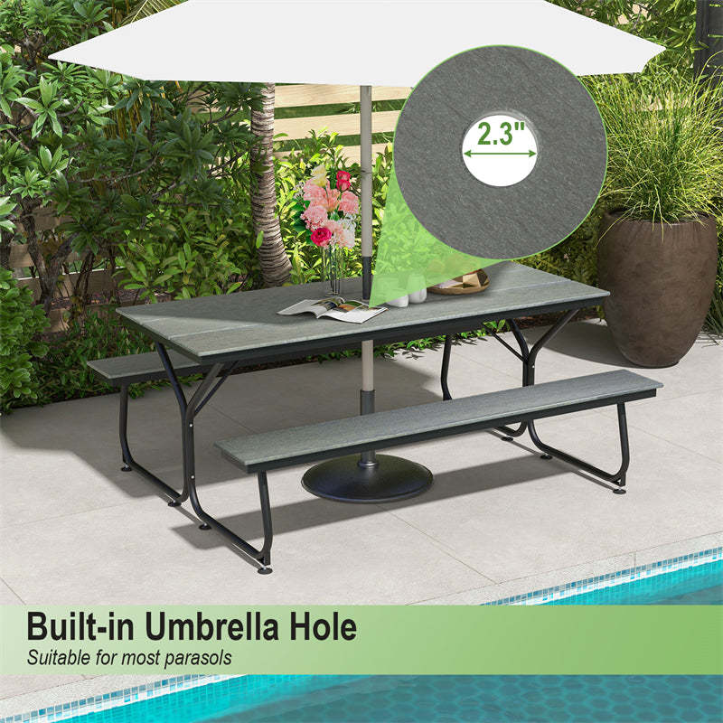 6FT Outdoor Picnic Table Bench Set for 6-8 Person, All-Weather HDPE Heavy-Duty Picnic Table with 2 Benches & Umbrella Hole, 2550LBS Capacity