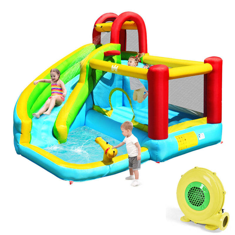 Inflatable Water Slide, 6-in-1 Bounce House Water Park with 480W Blower, Splash Pool, Climbing Wall, Water Cannon for Kids Indoor/Outdoor Backyard Fun
