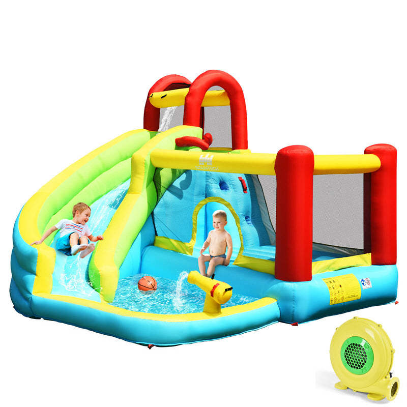 Inflatable Water Slide, 6-in-1 Bounce House Water Park with 480W Blower, Splash Pool, Climbing Wall, Water Cannon for Kids Indoor/Outdoor Backyard Fun