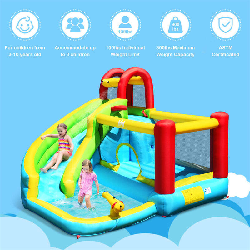 Inflatable Water Slide, 6-in-1 Bounce House Water Park with 480W Blower, Splash Pool, Climbing Wall, Water Cannon for Kids Indoor/Outdoor Backyard Fun