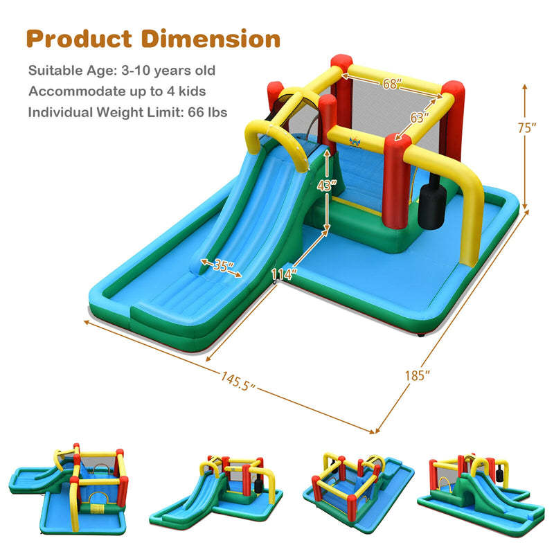 Inflatable Water Slide Kids Giant Jumping Bounce House Water Park with Splash Pool, 735W Blower, Crawling Tunnel, Pendulum for Backyard Party Fun