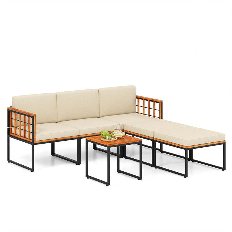 6 Piece Acacia Wood Patio Furniture Set Outdoor Sectional Sofa Modular Conversation Set with Coffee Table, Cushions & Ottomans