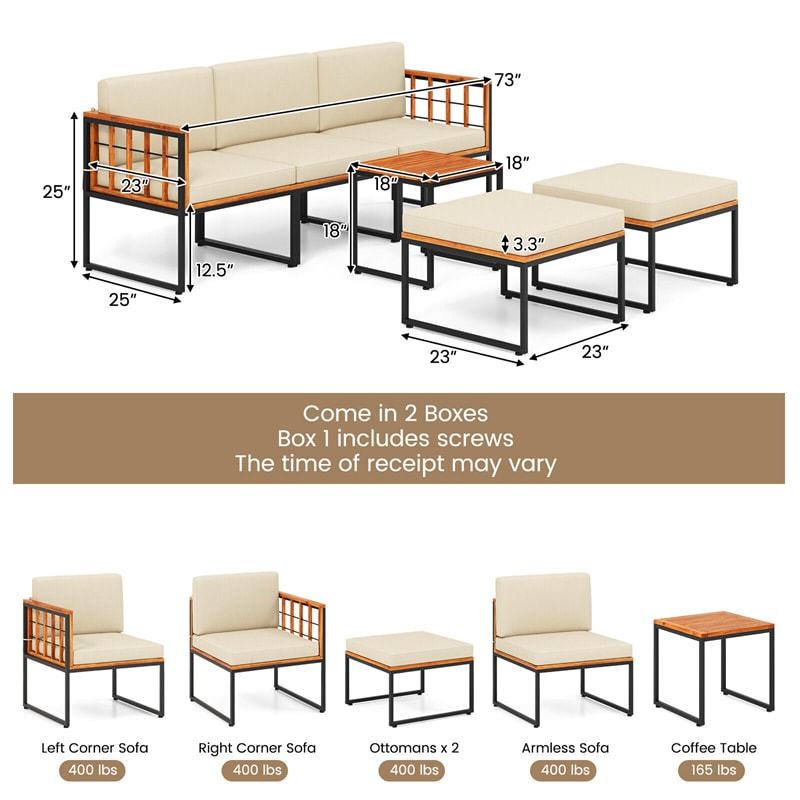 6 Piece Acacia Wood Patio Furniture Set Outdoor Sectional Sofa Modular Conversation Set with Coffee Table, Cushions & Ottomans