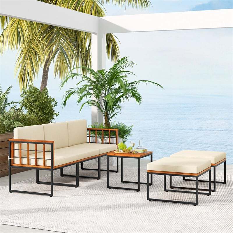 6 Piece Acacia Wood Patio Furniture Set Outdoor Sectional Sofa Modular Conversation Set with Coffee Table, Cushions & Ottomans